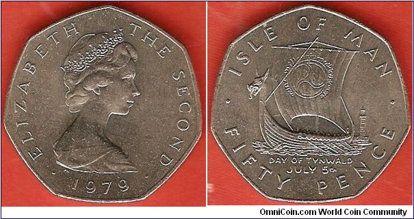 50 Pence
Day of Tynwald July 5th - plain edge
Elizabeth II by Arnold Machin
Viking ship
copper-nickel