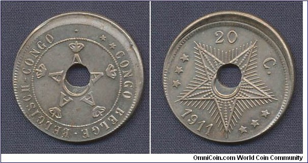 (Belgian colony) 20 Centimes 8% offcent as well as hole