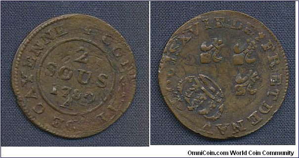 (French Guiana colony) 2 Sous double struck first 15% off cent second on center.