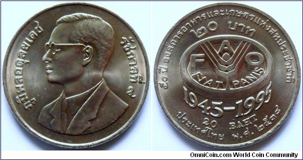 20 baht.
1995, 50th Anniversary of F.A.O.