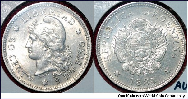 20 centavos, triple overdate.  1883/3/inverted 2.
KM 27
