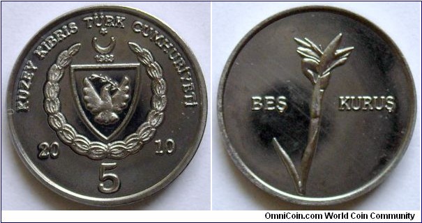 5 kurus.
2010, Turkish Republic of Northern Cyprus.