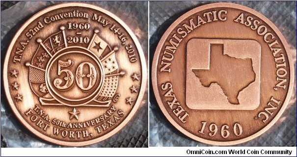 Copper medal celebrating the 50th Anniversary of the Texas Numismatic Association. 200 minted in this finish. Designed by TNA member Frank Galindo