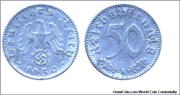 Third Empire, 50 pfennig, 1939, Al, MM: A (Berlin), Imperial Eagle above Swastika.