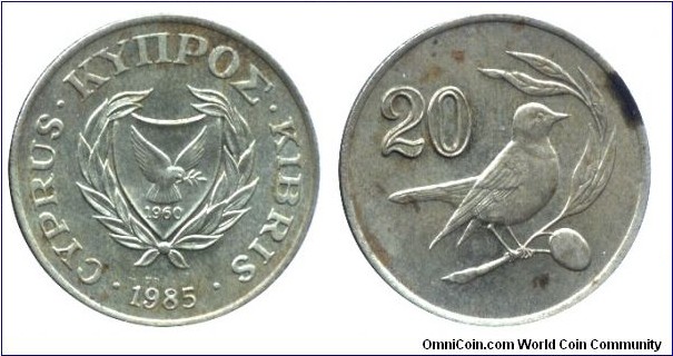 Cyprus, 20 cents, 1985, Ni-Brass, 27.25mm, 7.75g, Piled Wheatear.