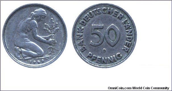 Germany, 50 pfennig, 1949, Cu-Ni, 20mm, 3.5g, MM: D (Munich), Woman planting Oak, Bank Deutscher Lander.