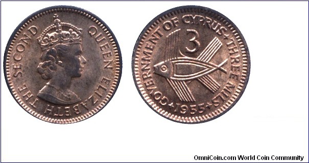 Cyprus, 3 mils, 1955, Bronze, Flying fish, Queen Elizabeth II.