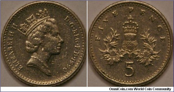 5 Pence, featuring a crowned thistle  (formally, The Badge of Scotland), 18 mm, Cu-Ni (ref. http://en.wikipedia.org/wiki/Five_pence_%28British_decimal_coin%29)