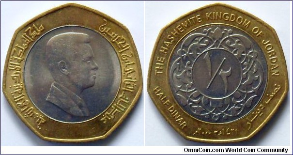 1/2 dinar.
2000, King Abdullah II. Bimetal