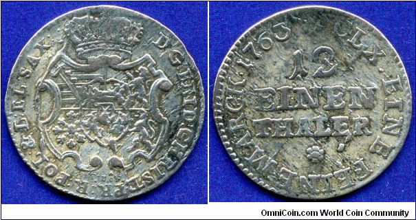 1/12 Thaler (Doppelgroschen).
Duchy of Saxony.
Friedrich Christian 1763.
*FWoF* mintmaster Friedrich Wilhelm o'Feral.
Dresden mint.


Ag.