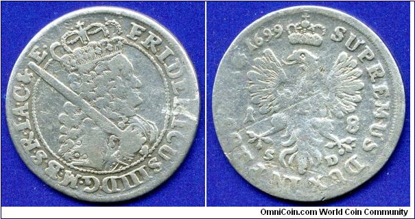 18 groschen (1/4 Thaler, Ort, ortsthaler).
Brandenburg-Preußen.
Friedrich III (1688-1701).
Konigsberg mint.
*SD* mintmaster Siegmund Dannies 1695-99.


Ag750f. 5,7gr.