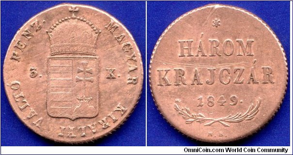 3 kreuzer.
Coin of the Hungarian revolt 1848-49, suppressed by Russian troops.
*NB* Nagybanya mint.


Cu.