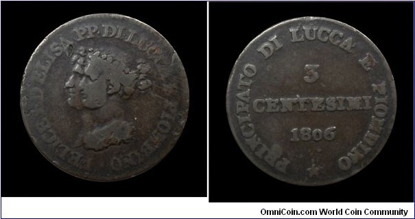 Principality of Lucca and Piombino - Elisa Bonaparte & Felice Baciocchi - 3 Cent. - Copper - mm 23 