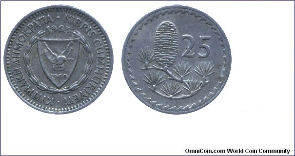 Cyprus, 25 mils, 1963, Cu-Ni, 19.4mm, 2.8g, Lebanese cedar.