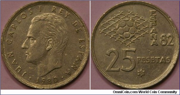 25 Pesetas, commemorating hosting the 1982 World Cup Soccer, Cu-Ni, 26 mm