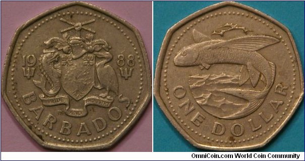 1 Dollar, featuring coat of arms with flying fish and pelican, and flying fish on rev.  7 sided, 25.5 mm