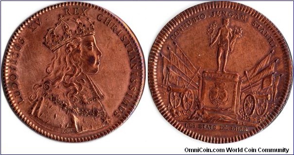 Copper jeton issued by the Parliament at Lille to mark the negotiations with Spain over the marriage of Louis XV with the Infanta
