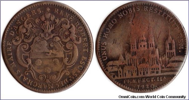 Copper jeton issued in 1720 for Rene Robert, Mayor of Angers.