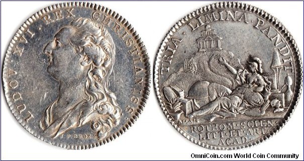 Silver jeton issued under Louis XVI for the Academy de Rouen circa 1786. 