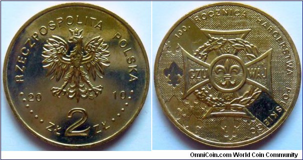 2 zlote.
2010, 100th Anniversary of Polish Scouting.
Metal; Nordic Gold.
Weight 8,15g. Diameter 27mm.
Mintage 1.100.000 units.