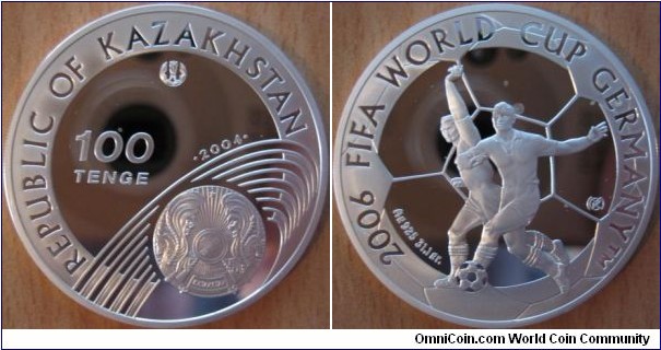 100 Tenge - Wolrd cup football 2006 - 31.1 g Ag .925 Proof - mintage 15,000 (hard to find !)
