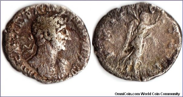 silver `quinarius' of Hadrian as caesar. In this example Victory is facing to the right (RIC 103)
