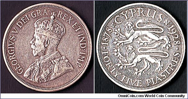 Cyprus 1928 45 Piastres.

50 Years of British Rule.

This is the first Cypriot commemorative coin.