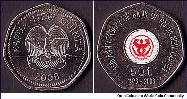 Papua New Guinea 2008 50 Toea.

35 Years of the Bank of Papua New Guinea.

This is Papua New Guinea's first coloured coin.