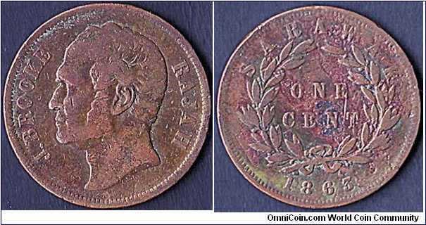 Sarawak 1863 1 Cent.

This is from Rajah Sir James Brooke's second coinage,& the first decimal coinage - 100 Cents = 1 Sarawakian Dollar.