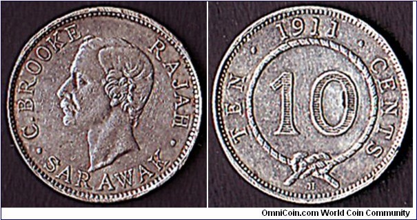 Sarawak 1911H 10 Cents.

Struck at Heaton's Mint,Birmingham (England).

Very hard to find!