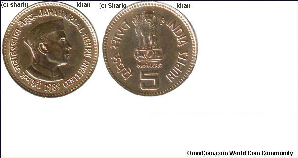 Rs 5 Big Size Commemorative Coins - Nehru Birth Centenary - 1989
Metal : Copper Nickle
Year - 1989
Denomination : Rs 5
Mint : Hyderabad  