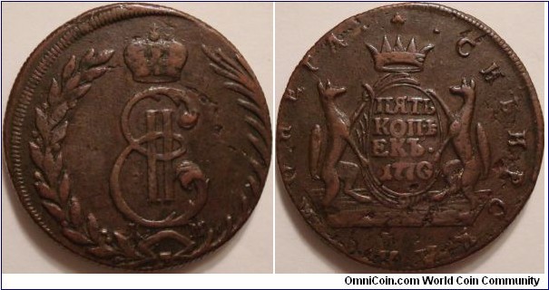 AE 5 kopeck 1770 KM Siberian coinage.