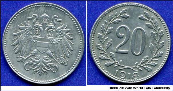 20 heller.
Austro-Hungary Empire.
Austrian Arm.
Karl I (1916-1918).
Mintage 48,985,000 units.


Fe.