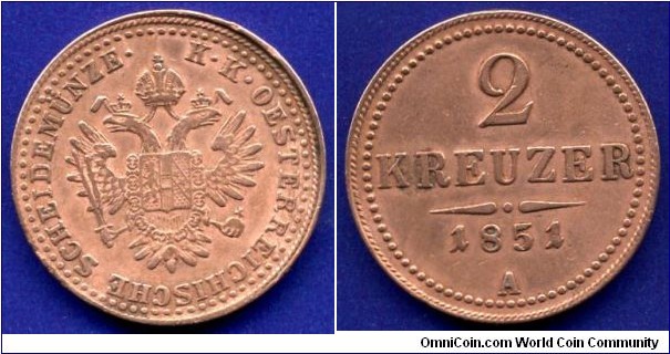 2 kreuzer.
Austrian Empire.
Franc Ioseph I (1848-1916).
*A* Wien mint.


Cu.