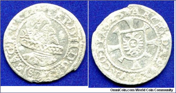 1 kreuzer.
Ferdinand II (1619-1637).
Ratibor mint.
*SD* - Mintmaser S. Dyringer 1624-25.


Ag250f. 0,96gr.