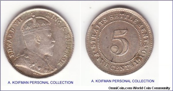 KM-20a, 1910 Straits Settlements 5 cents, Bombay mint, Edward VII; silver, reeded edge; good very fine, nice obverse, open top 9 in date