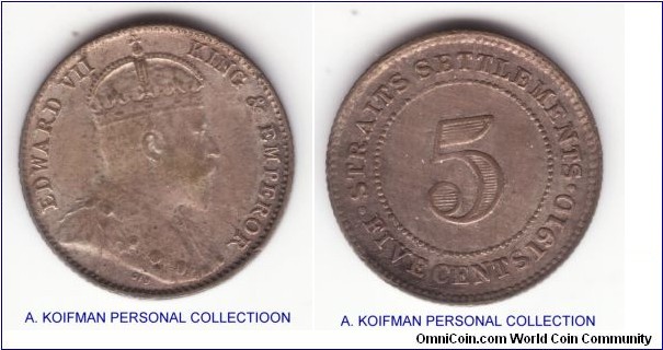 KM-20a, 1910 Straits Settlements 5 cents, Bombay mint, Edward VII; silver, reeded edge; good very fine to about extra fine, toned, normal 9 in the date