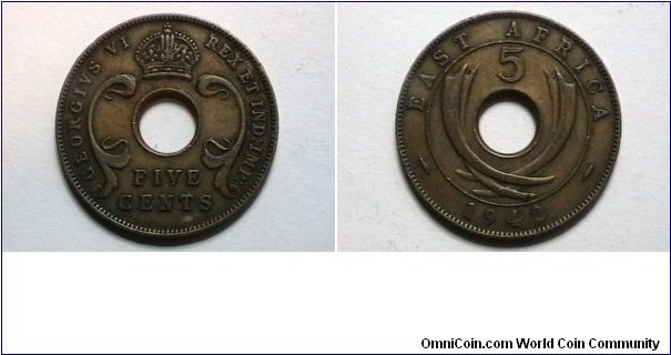 East Africa 1942 5 Cents KM# 25.2 