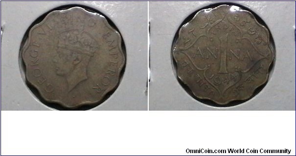 India 1944 1 Anna KM# 537a