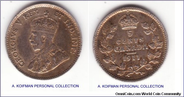 KM-16, 1911 Canada 5 cents, George V; silver, reeded edge; good very fine or higher