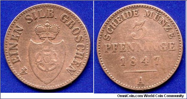 4 pfenninge.
Lippe-Detmold.
Paul Alexander Leopold (1820-1851).
*A* - Berlin mint.
Mintage 1,020,000 units.


Cu.