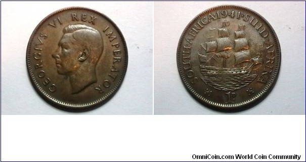 South Africa 1941 1 Penny KM# 25 
