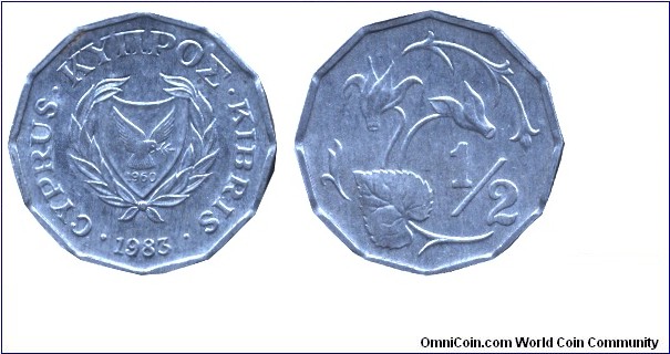 Cyprus, 1/2 cent, 1983, Al, Cyclamen.