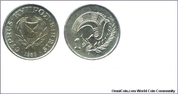 Cyprus, 1 cent, 1983, Ni-Brass, 16.5mm, 2g, Stylized bird sitting on a tree branch.