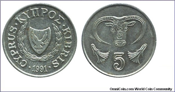 Cyprus, 5 cents, 1991, Ni-Brass, 22mm, 3.75g, Stylized Bull head.