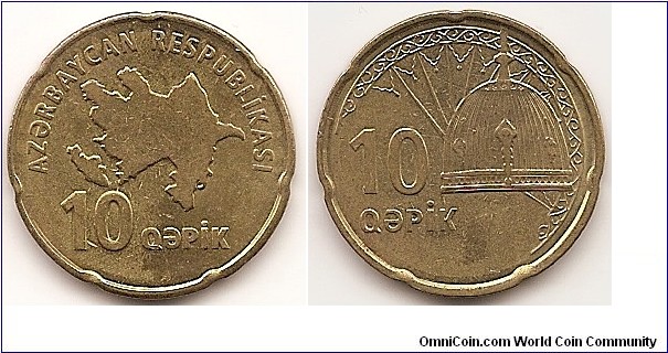10 Qapik
KM#42
5.1000 g., Brass-Plated Steel, 22.2 mm. Obv: Map above value Rev: Dome shaped object to right of value Edge: Notched