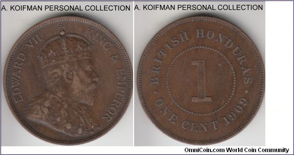 KM-11, 1909 British Honduras cent; bronze, plain edge; very fine, scarce mintage 25,000