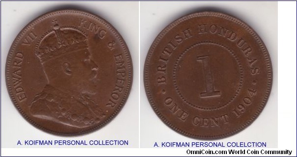KM-11, 1904 British Honduras cent, Edward VII; bronze, plain edge; nice brown about uncirculated, mintage 50,000