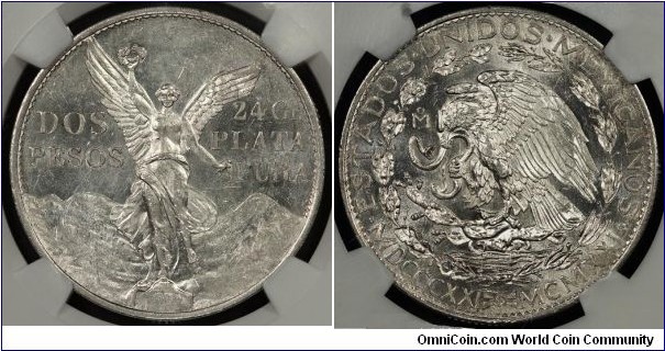 1921 Mexican Dos Pesos. NGC AU 58. Mirrored fields. Undergraded I think. My opinion is a very clean MS 64