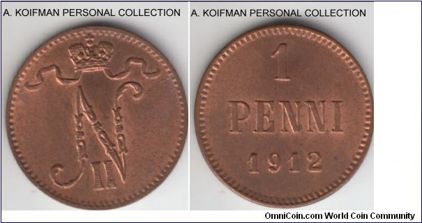 KM-13, 1912 Finland (Grand Duchy) penni; bronze, plain edge; mostly red, uncirculated.